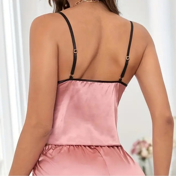 Pink Silky Satin With Black Lace Trim Cami & Sleep Shorts Pajama’s Lounge Set - Picture 5 of 10